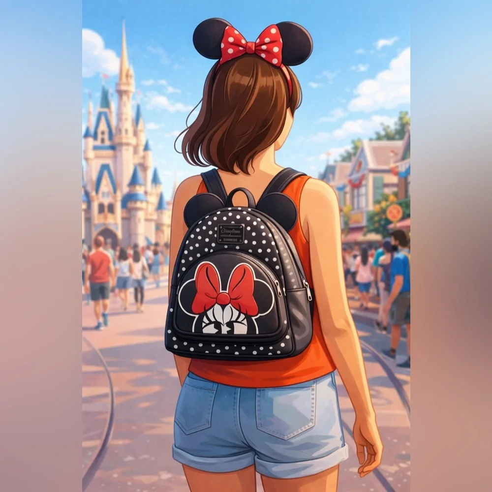 Loungefly Black Leather Disney Flowers and Dots Minnie Mouse Mini Backpack